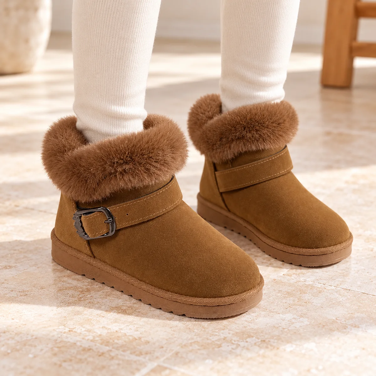 bottines fille marron fourrees a revers portees par un enfant