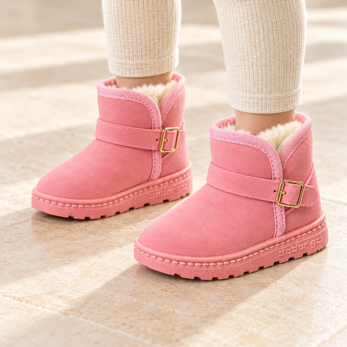 bottines fille roses fourrees a bride et boucle portees par un enfant