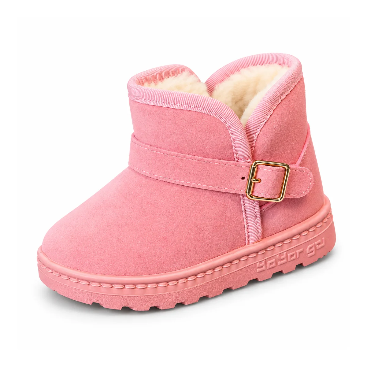 bottines fille roses fourrees a bride et boucle sur fond blanc