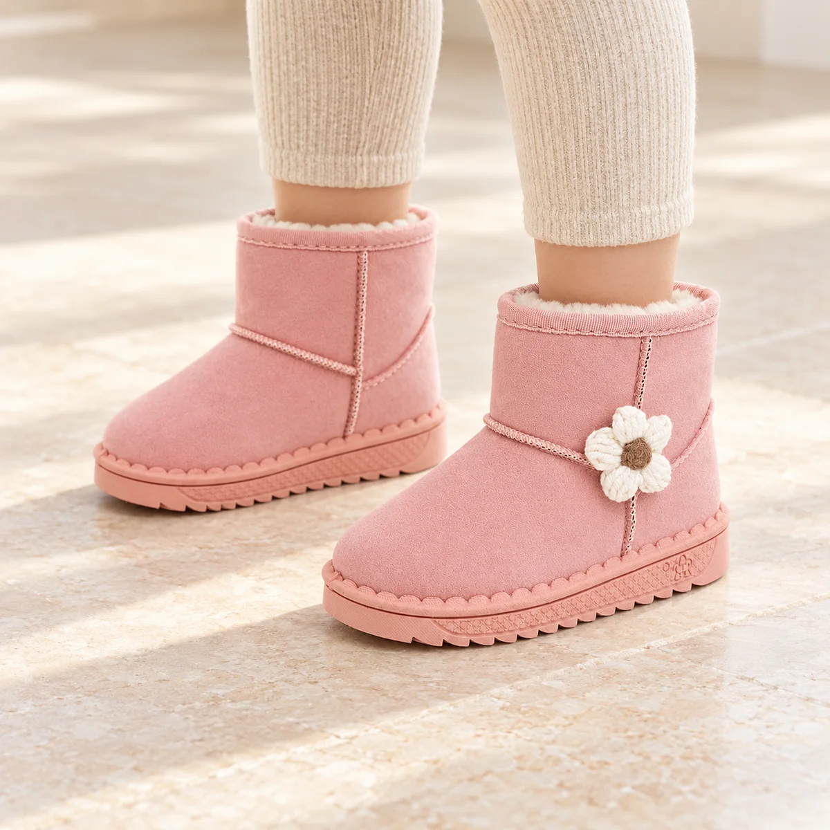 bottines fille roses fourrees a fleur portees par un enfant