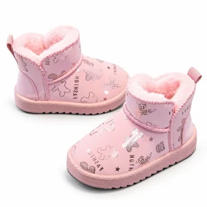 bottines fille roses fourrees a motif ourson sur fond blanc