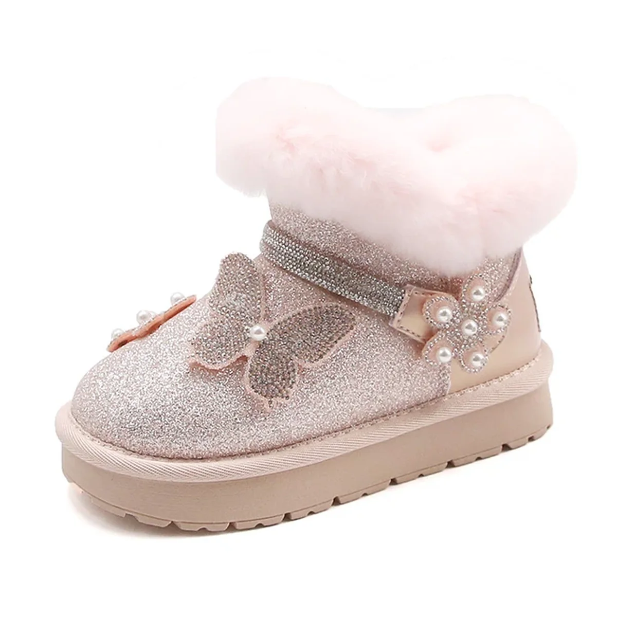 bottines fille roses fourrees a perles decoratives sur fond blanc