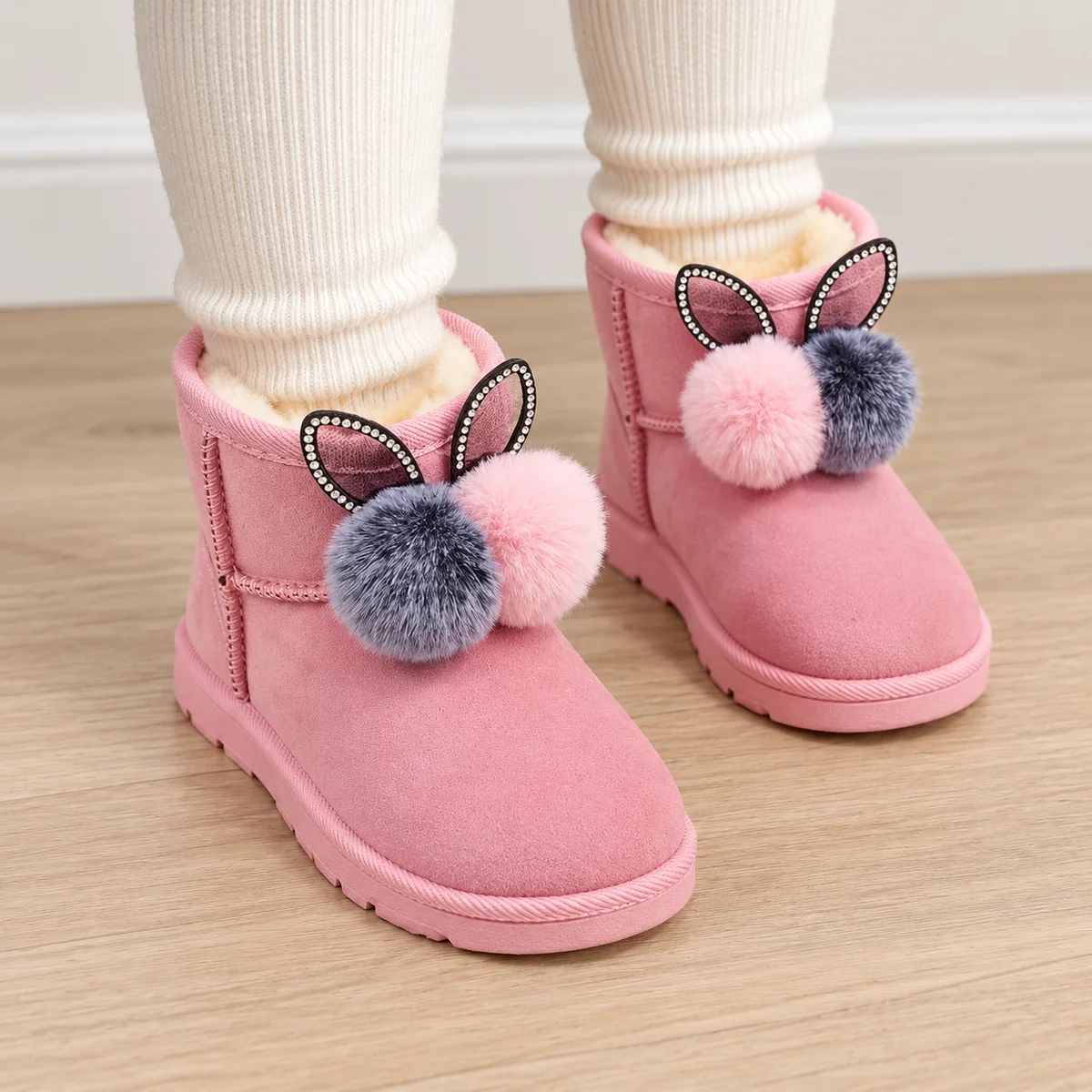 bottines fille roses fourrees lapin a pompons portees par un enfant