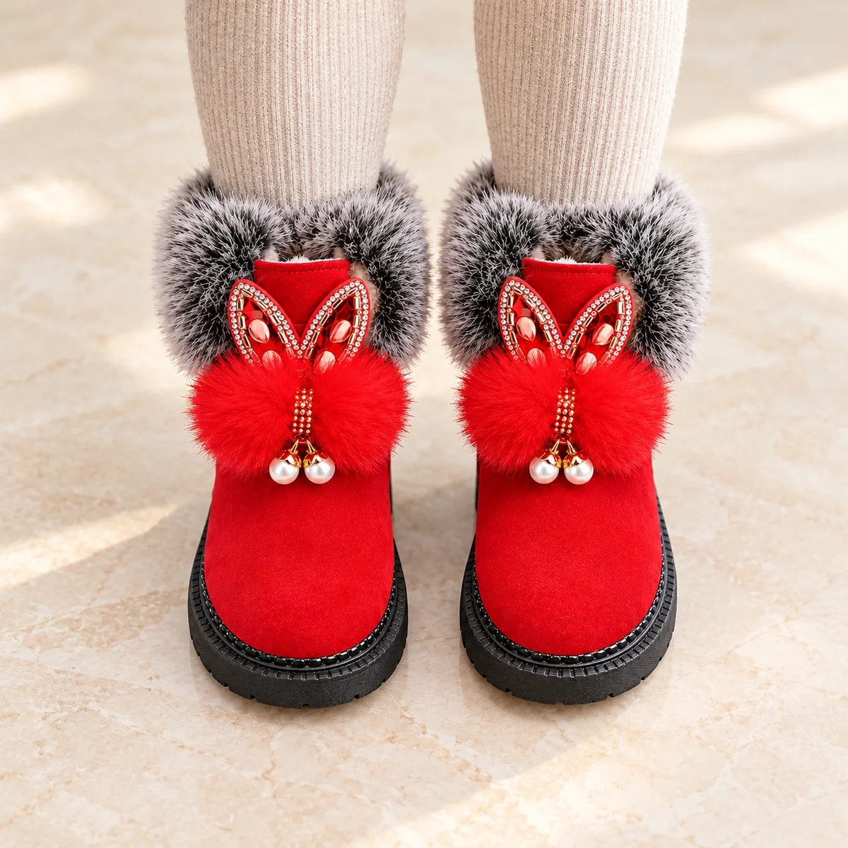 bottines fille rouges fourrees a oreilles de lapin portees par un enfant