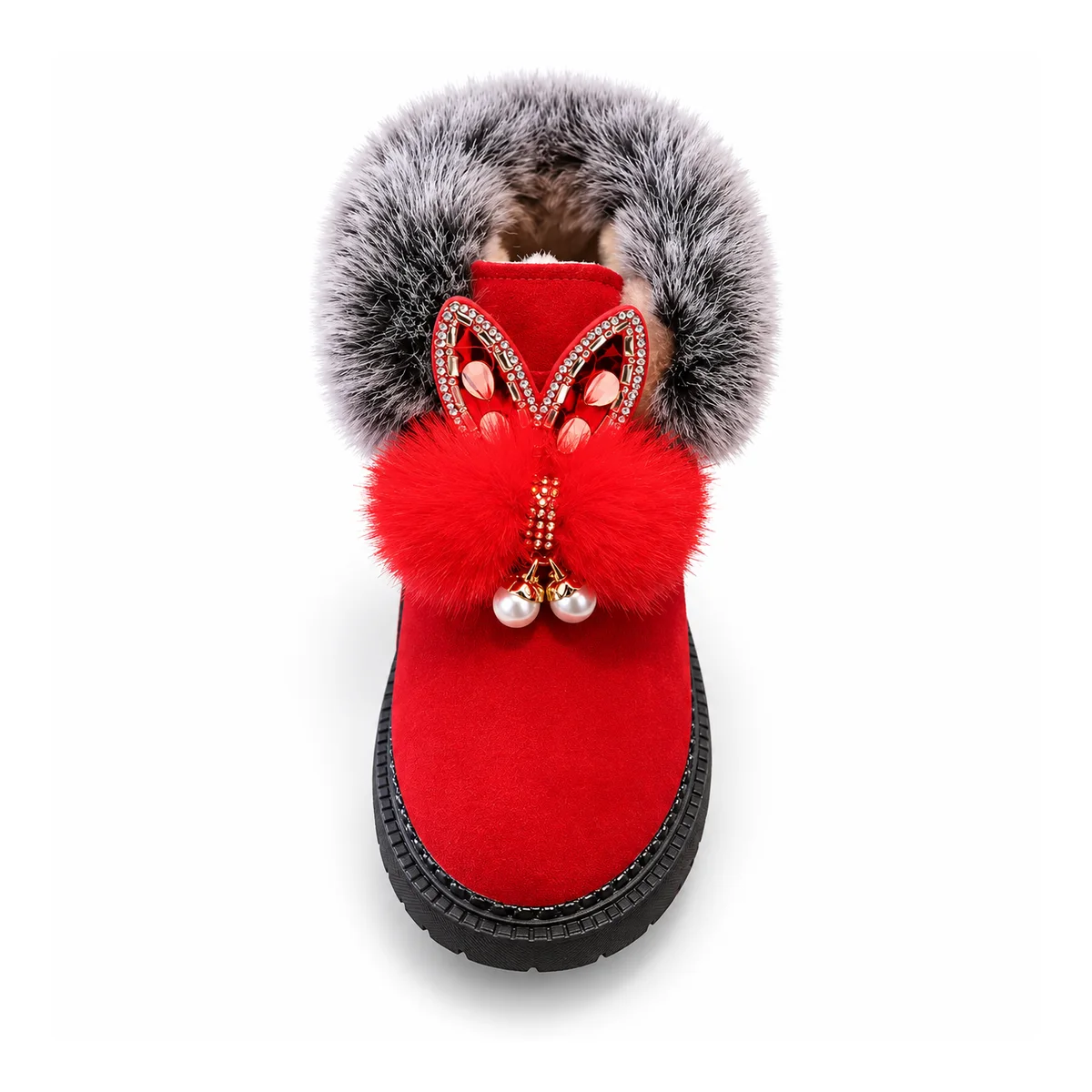 bottines fille rouges fourrees a oreilles de lapin sur fond blanc