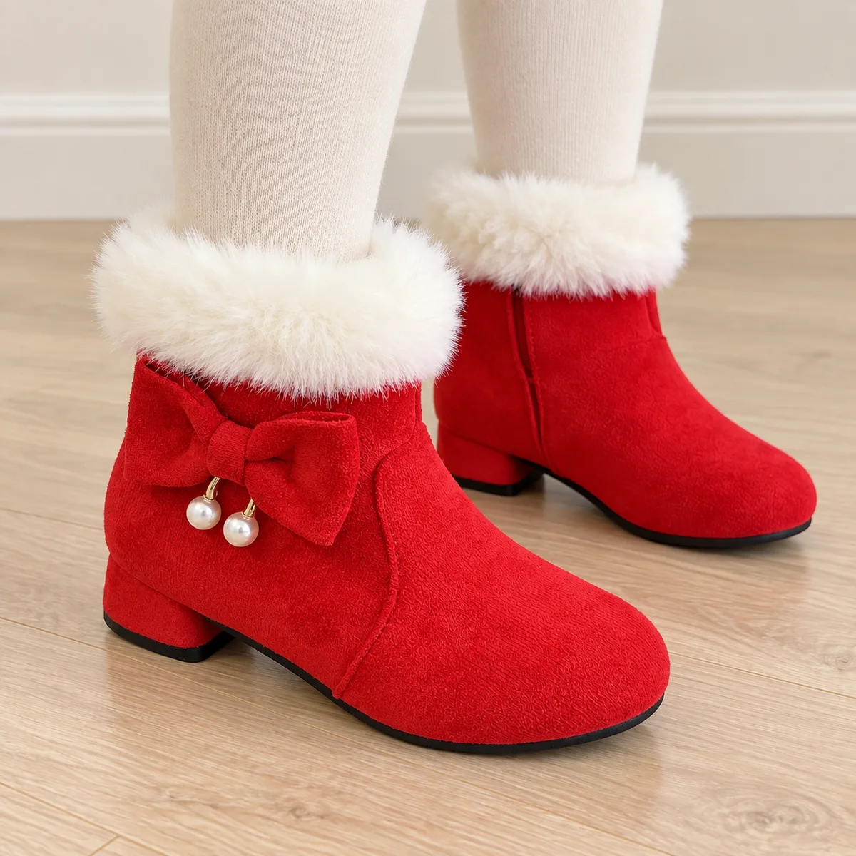 bottines fille rouges fourrees a talon et revers portees par un enfant