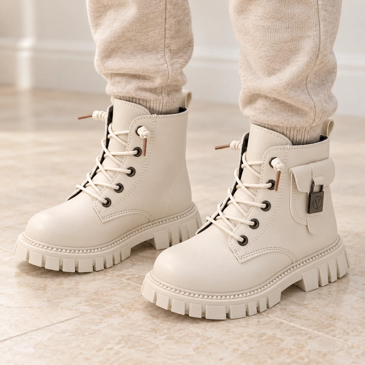 bottines garcon beiges a lacets et zip portees par un enfant
