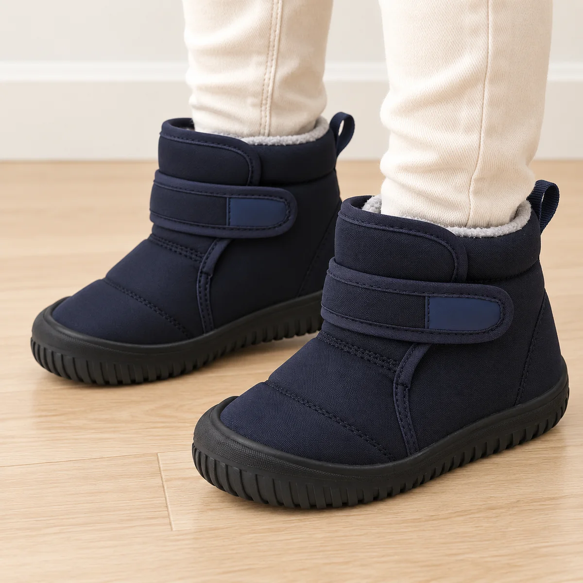 bottines garcon bleu marine fourrees a scratch portees par un enfant