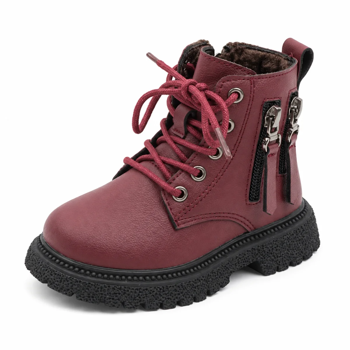 bottines garcon bordeaux fourrees a lacets et zips sur fond blanc