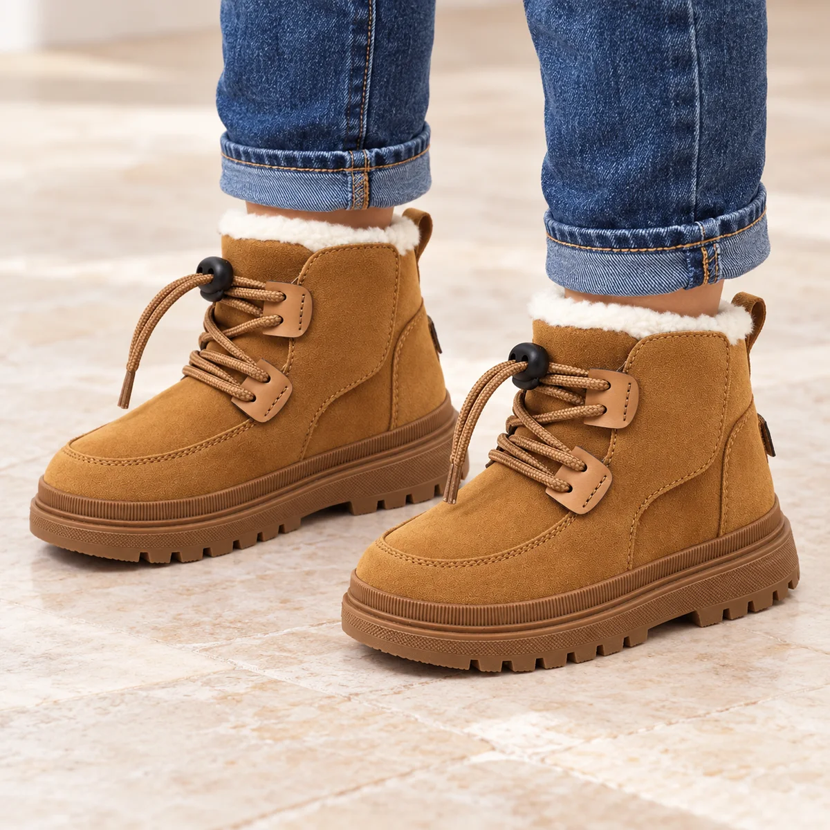 bottines garcon camel a lacets et col fourre portees par un enfant
