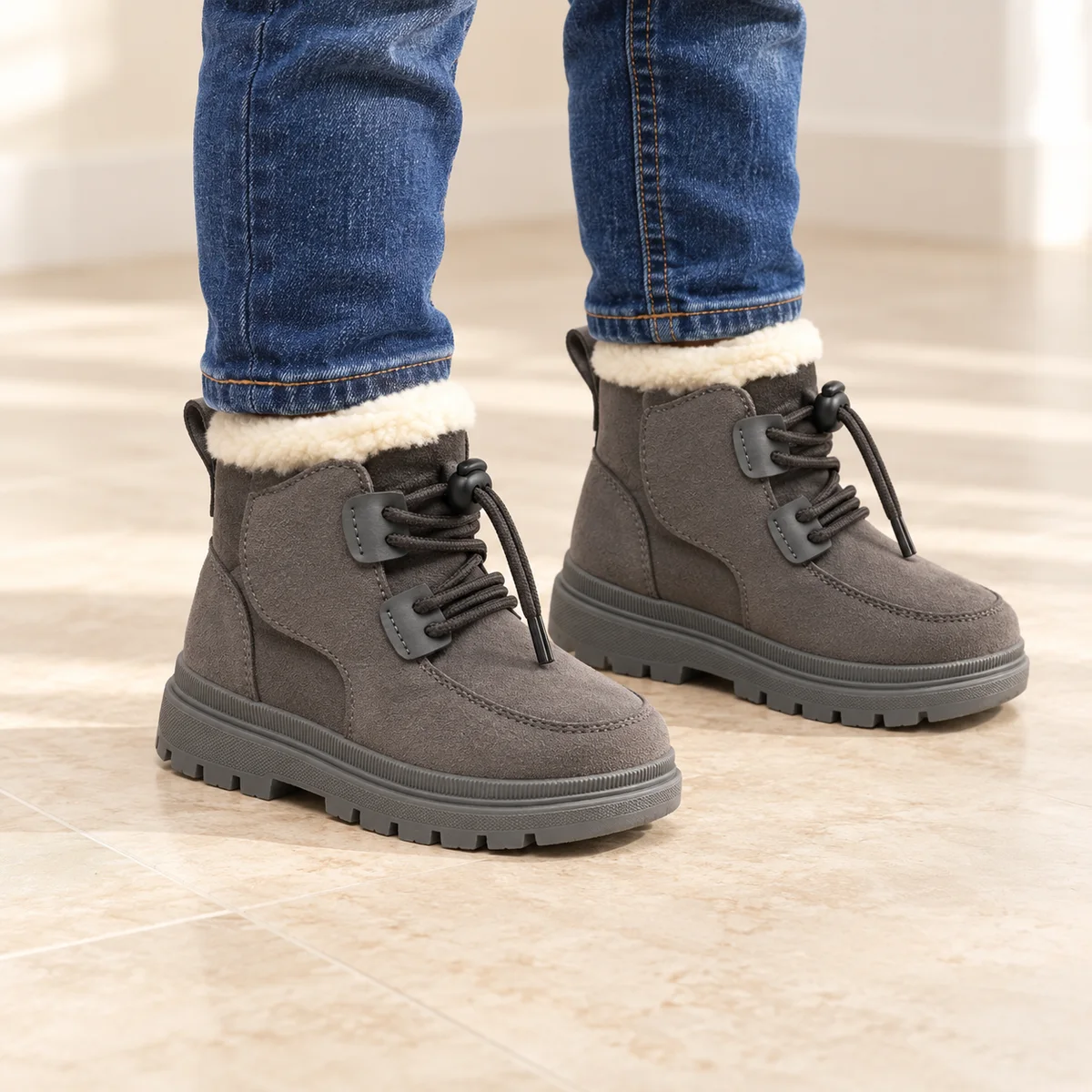 bottines garcon grises a lacets et col fourre portees par un enfant