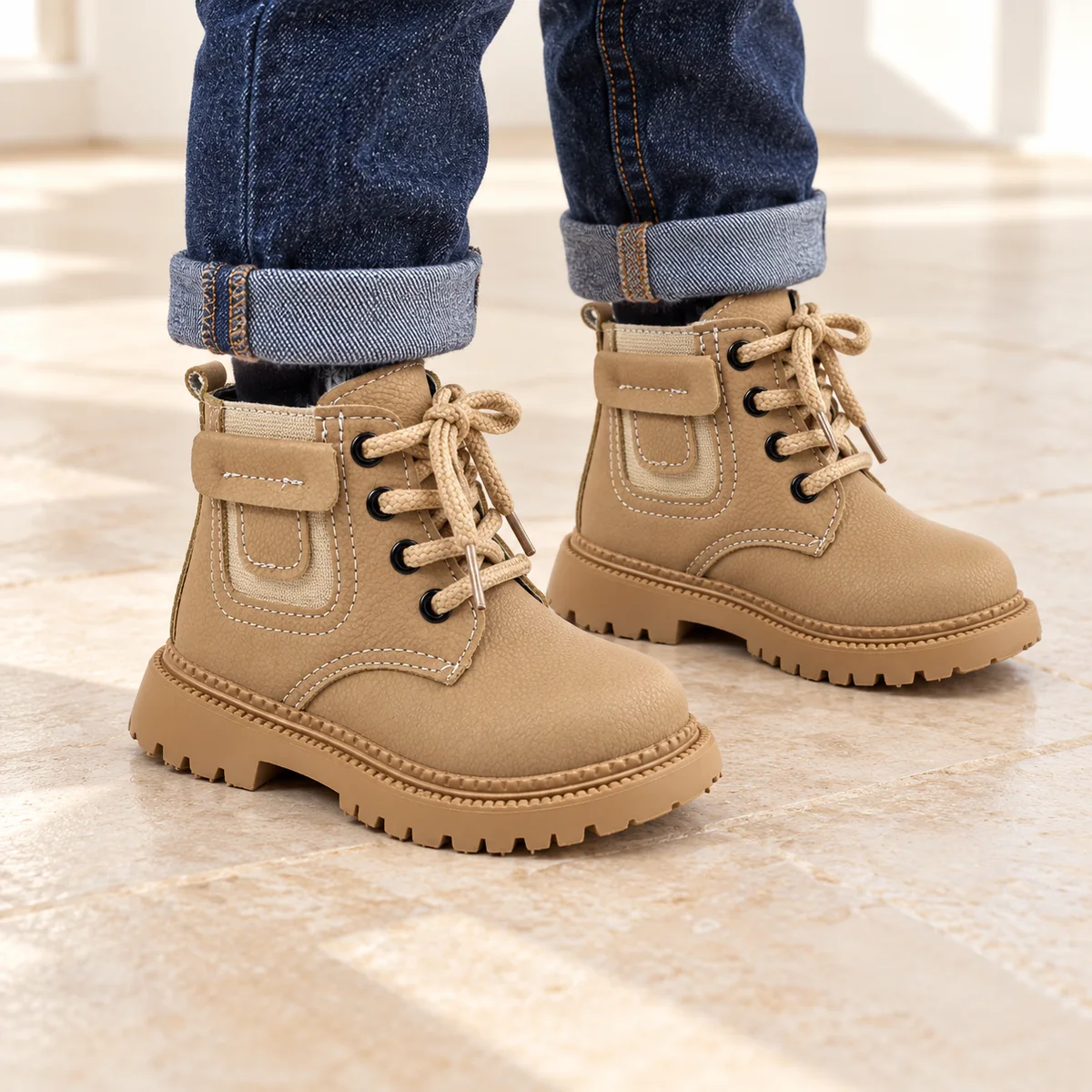 bottines garcon kaki taupe a lacets et bride portees par un enfant