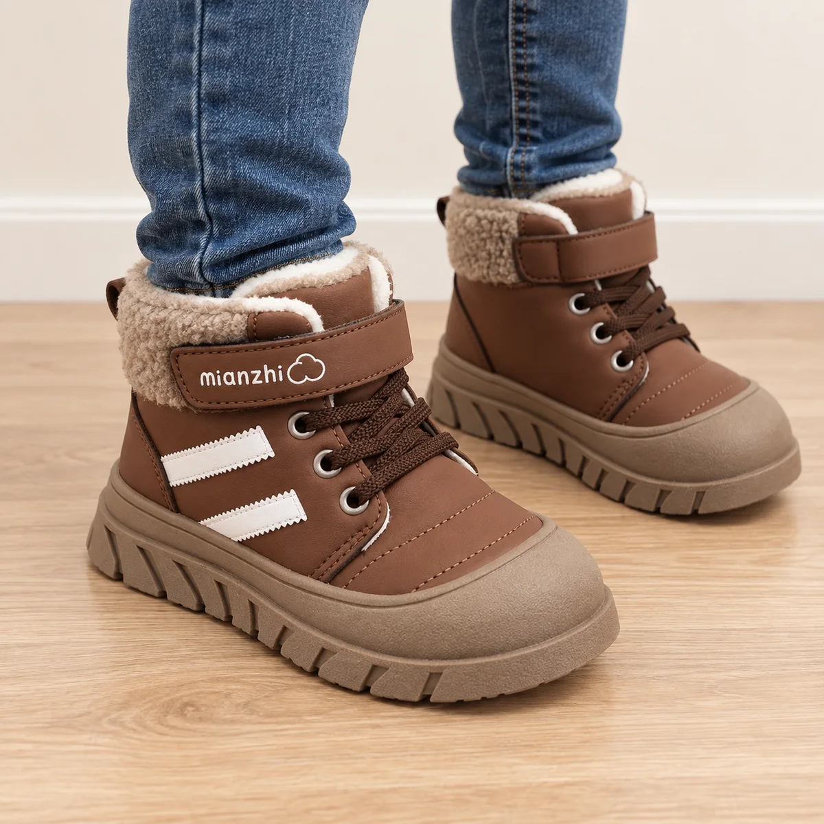 bottines garcon marron clair fourrees a scratch et bandes blanches portees par un enfant