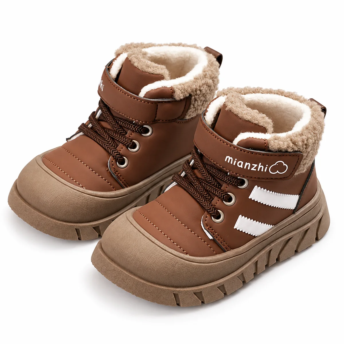 bottines garcon marron clair fourrees a scratch et bandes blanches sur fond blanc