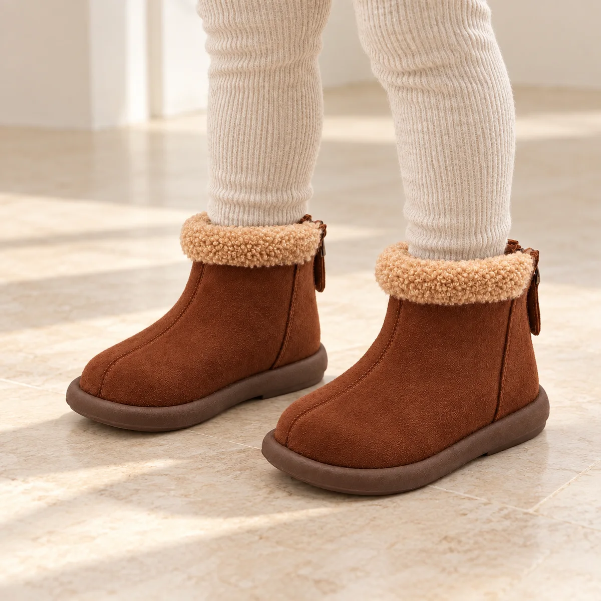 bottines garcon marron en microfibre a zip portees par un enfant