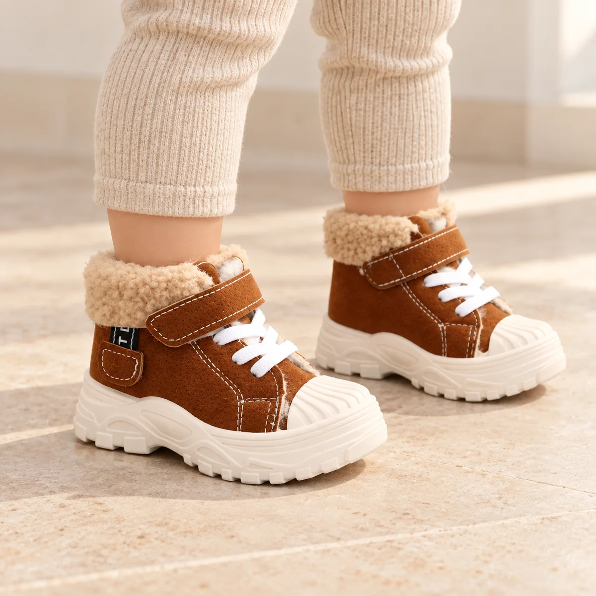 bottines garcon marron fourrees a lacets et scratch portees par un enfant
