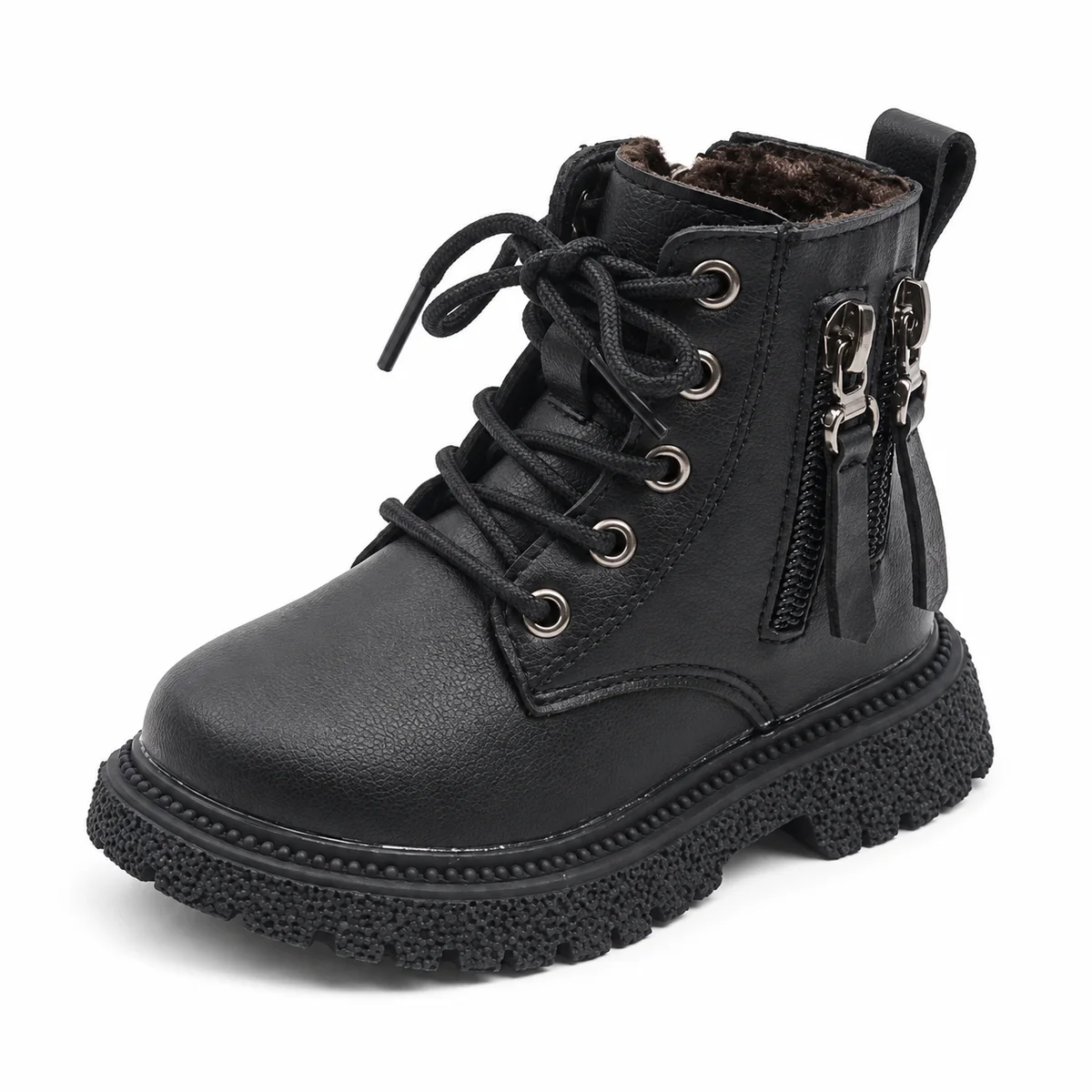 bottines garcon noires fourrees a lacets et zips sur fond blanc
