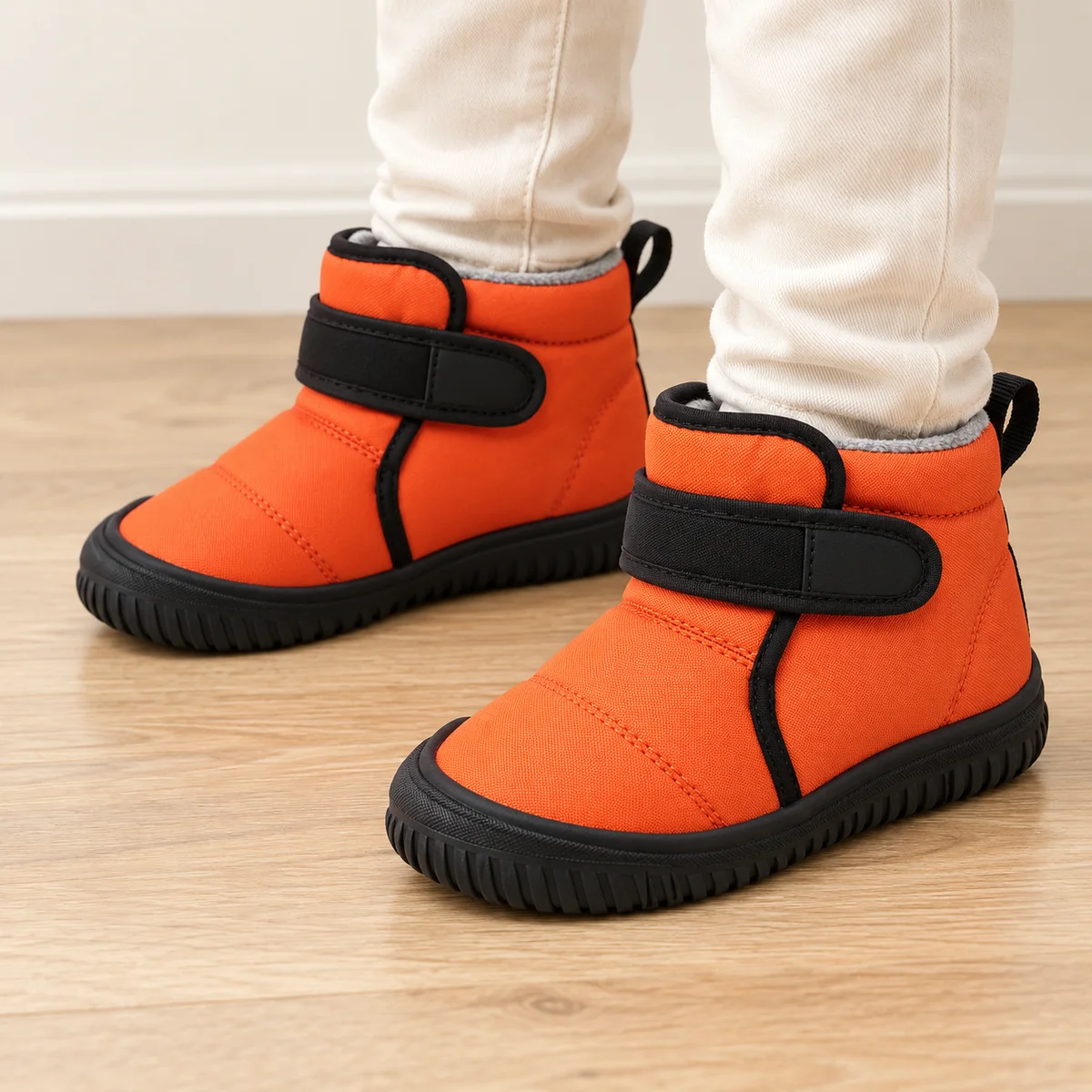 bottines garcon orange fourrees a scratch portees par un enfant