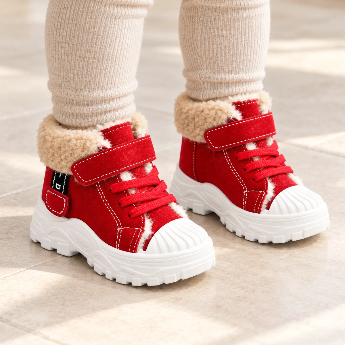 bottines garcon rouges fourrees a lacets et scratch portees par un enfant