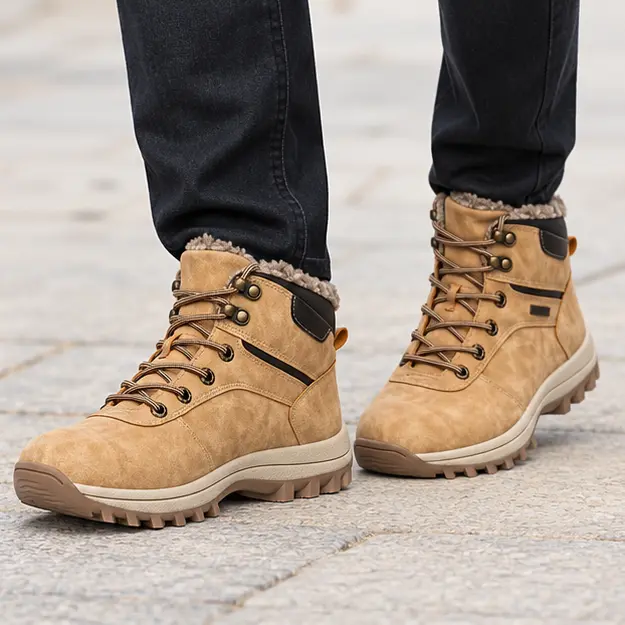 bottines homme beige kaki fourrees a semelle crantee portees en marchant avec un pantalon sombre 45453