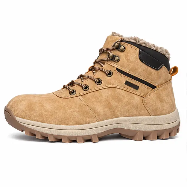 bottines homme beige kaki fourrees a semelle crantee vue de profil sur fond blanc 45453