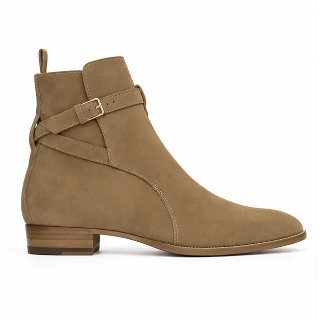 bottines homme beiges a bride croisee vue de profil sur fond blanc 45294