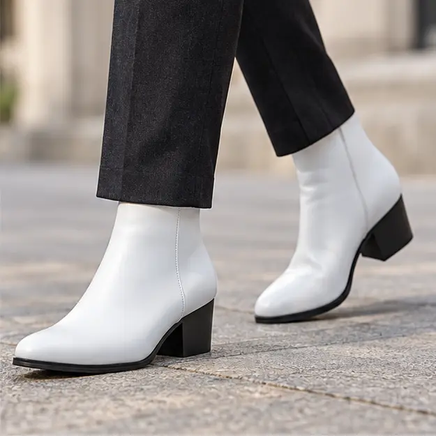 bottines homme blanches a talon et zip portees en marchant avec un pantalon sombre 45322