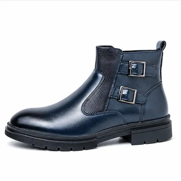 bottines homme bleues a double boucle vue de profil sur fond blanc 45291