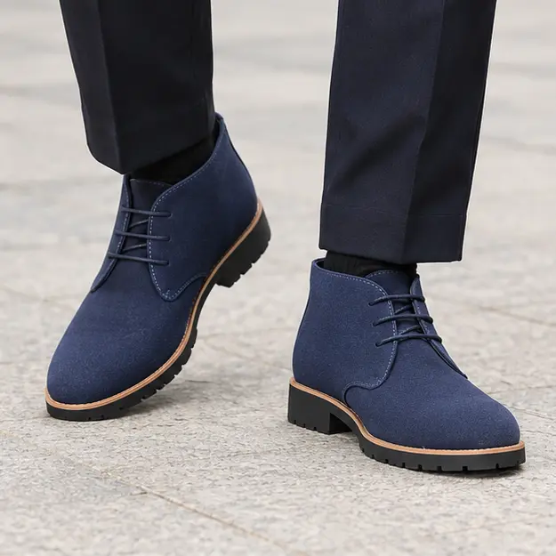 bottines homme bleues effet suede a lacets portees en marchant avec un pantalon sombre 45442