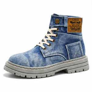 bottines homme bleues en toile a lacets vue de trois quarts sur fond blanc 45284
