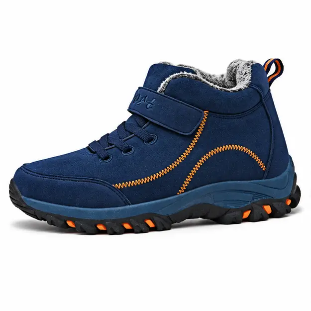 bottines homme bleues fourrees a scratch et lacets vue de profil sur fond blanc 45343