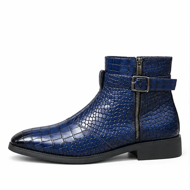 bottines homme bleues texturees a zip vue de profil sur fond blanc 45361