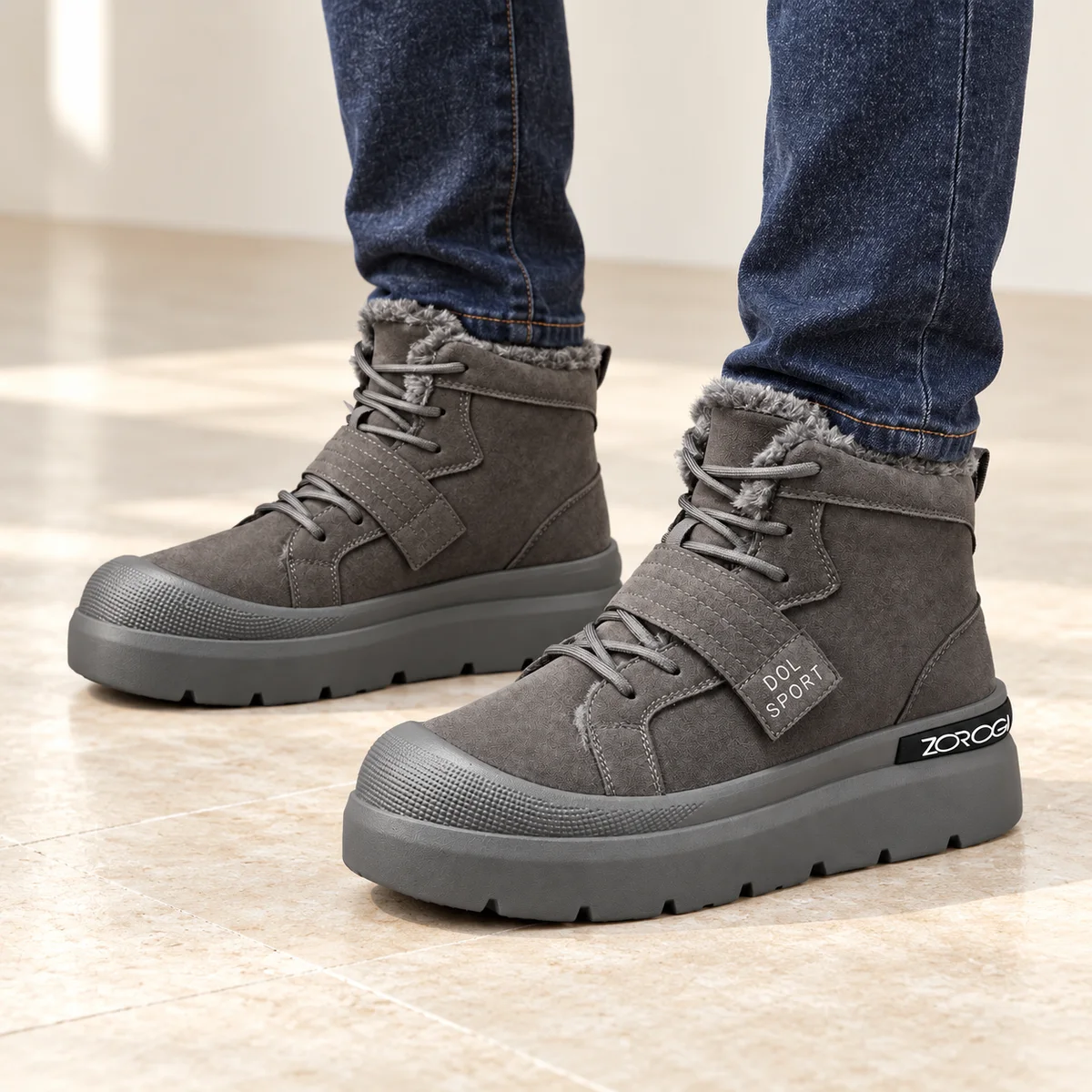 bottines homme grises fourrees a semelle epaisse portees par un homme