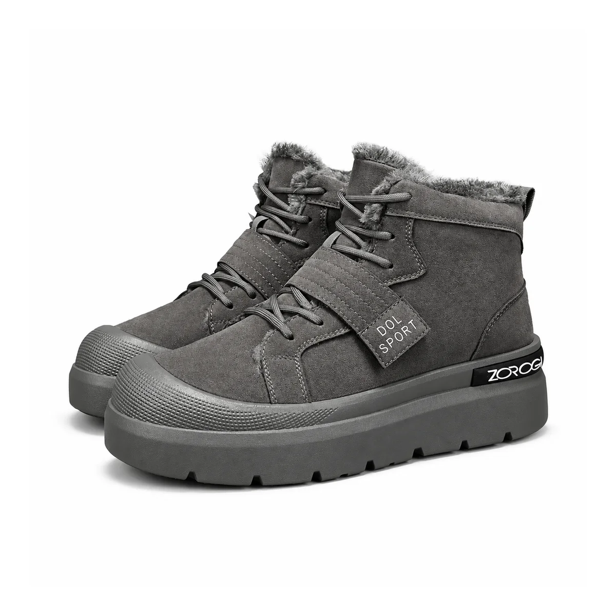bottines homme grises fourrees a semelle epaisse sur fond blanc