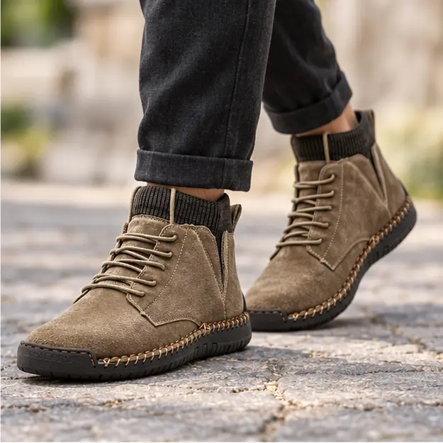 bottines homme kaki a lacets et col cotele portees en marchant avec un pantalon sombre 45327