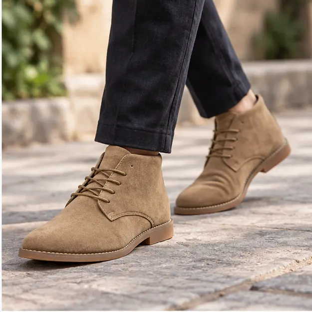 bottines homme kaki en suedine a lacets portees en marchant avec un pantalon sombre 45298