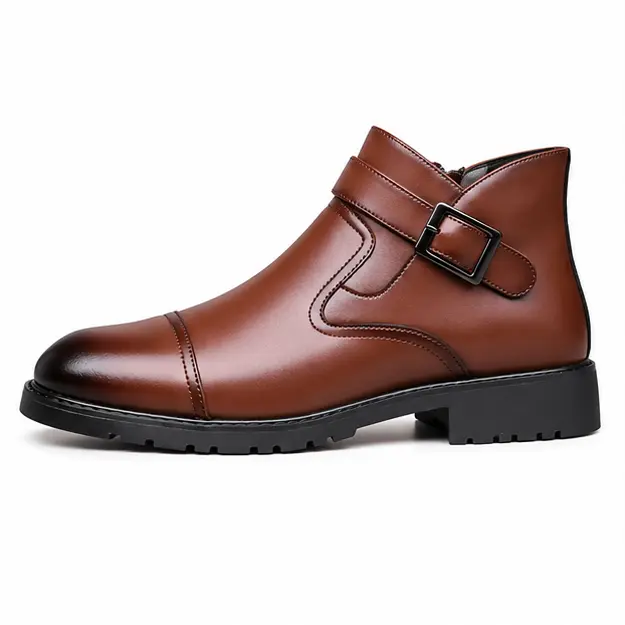 bottines homme marron a bride et boucle vue de profil sur fond blanc 45335