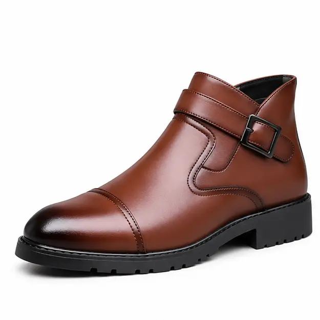 bottines homme marron a bride et boucle vue de trois quarts sur fond blanc 45335