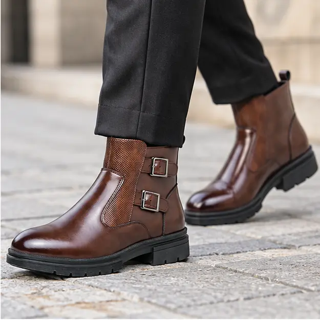bottines homme marron a double boucle portees en marchant avec un pantalon sombre 45290