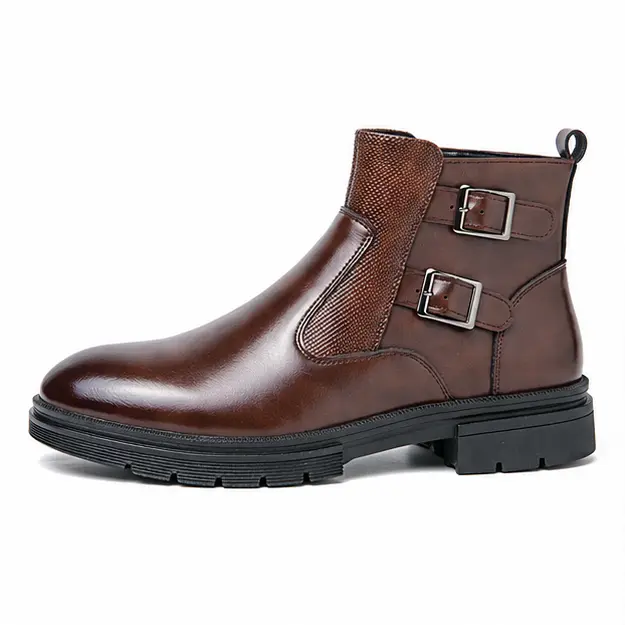 bottines homme marron a double boucle vue de profil sur fond blanc 45290