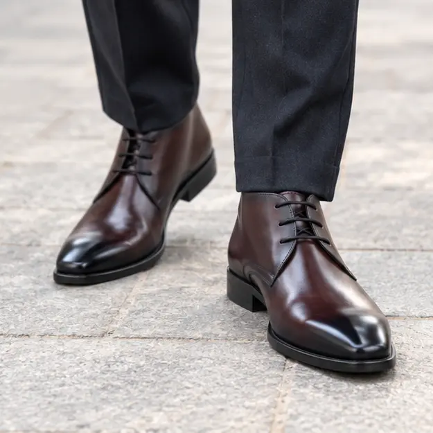 bottines homme marron a lacets et bout effile portees en marchant avec un pantalon sombre 45438