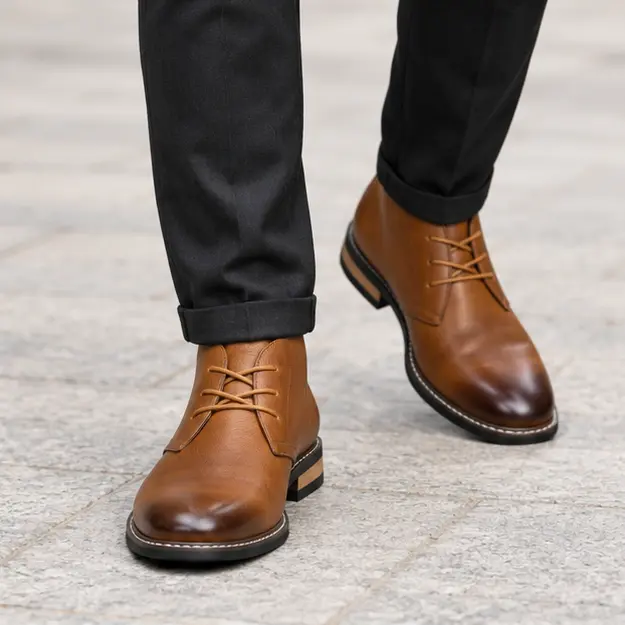 bottines homme marron a lacets et bout fonce portees en marchant avec un pantalon sombre 45425