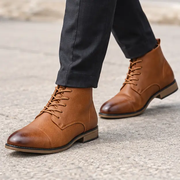 bottines homme marron a lacets et bout patine portees en marchant avec un pantalon sombre 45431
