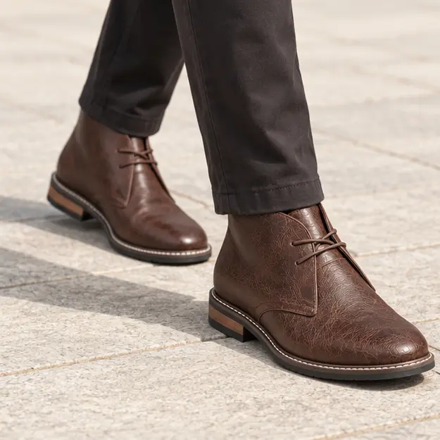 bottines homme marron a lacets et texture craquelee portees en marchant avec un pantalon sombre 45426