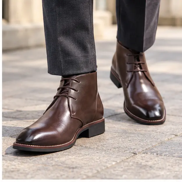 bottines homme marron a lacets et tige unie portees en marchant avec un pantalon sombre 45311