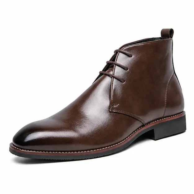 bottines homme marron a lacets et tige unie vue de trois quarts sur fond blanc 45311