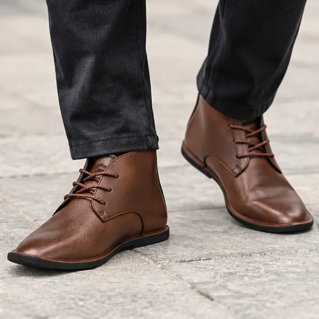 bottines homme marron a lacets minimalistes portees en marchant avec un pantalon sombre 45440