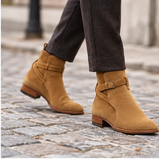 bottines homme marron clair a bride croisee portees en marchant avec un pantalon sombre 45296