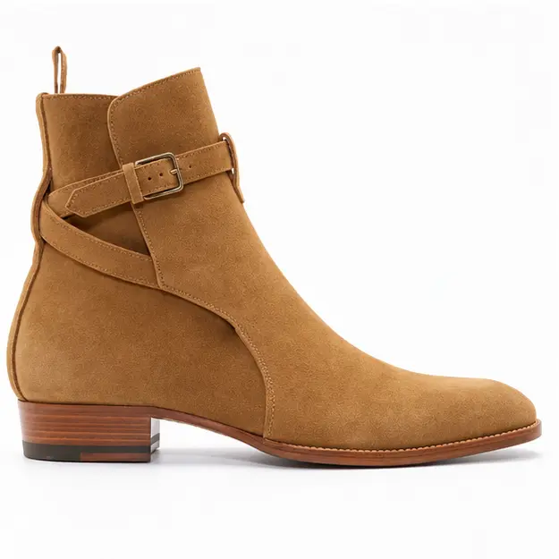 bottines homme marron clair a bride croisee vue de profil sur fond blanc 45296