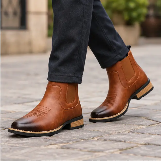 bottines homme marron clair sans lacets a surpiqures portees en marchant avec un pantalon sombre 45312